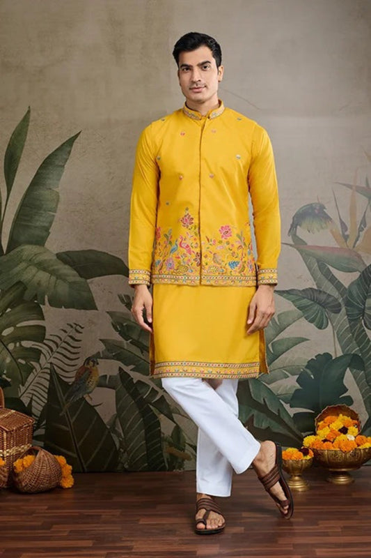 Affordable Yellow Color Viscose Silk Kurta Set For Man Real Mirror Work With Matching Pant
