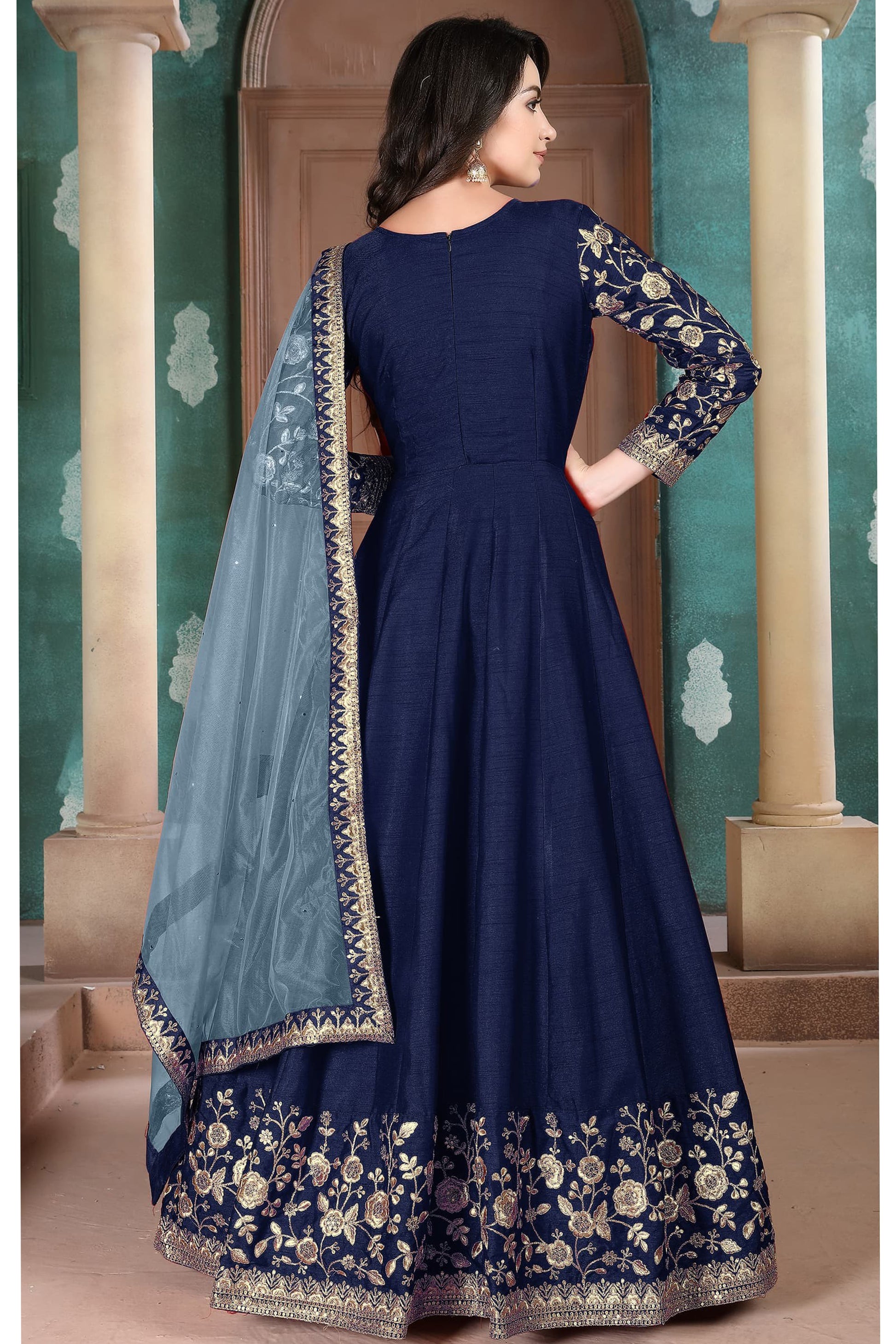 Ready To Wear Reception Party Wear Long Anarkali Gown Silk Suits With Net Dress