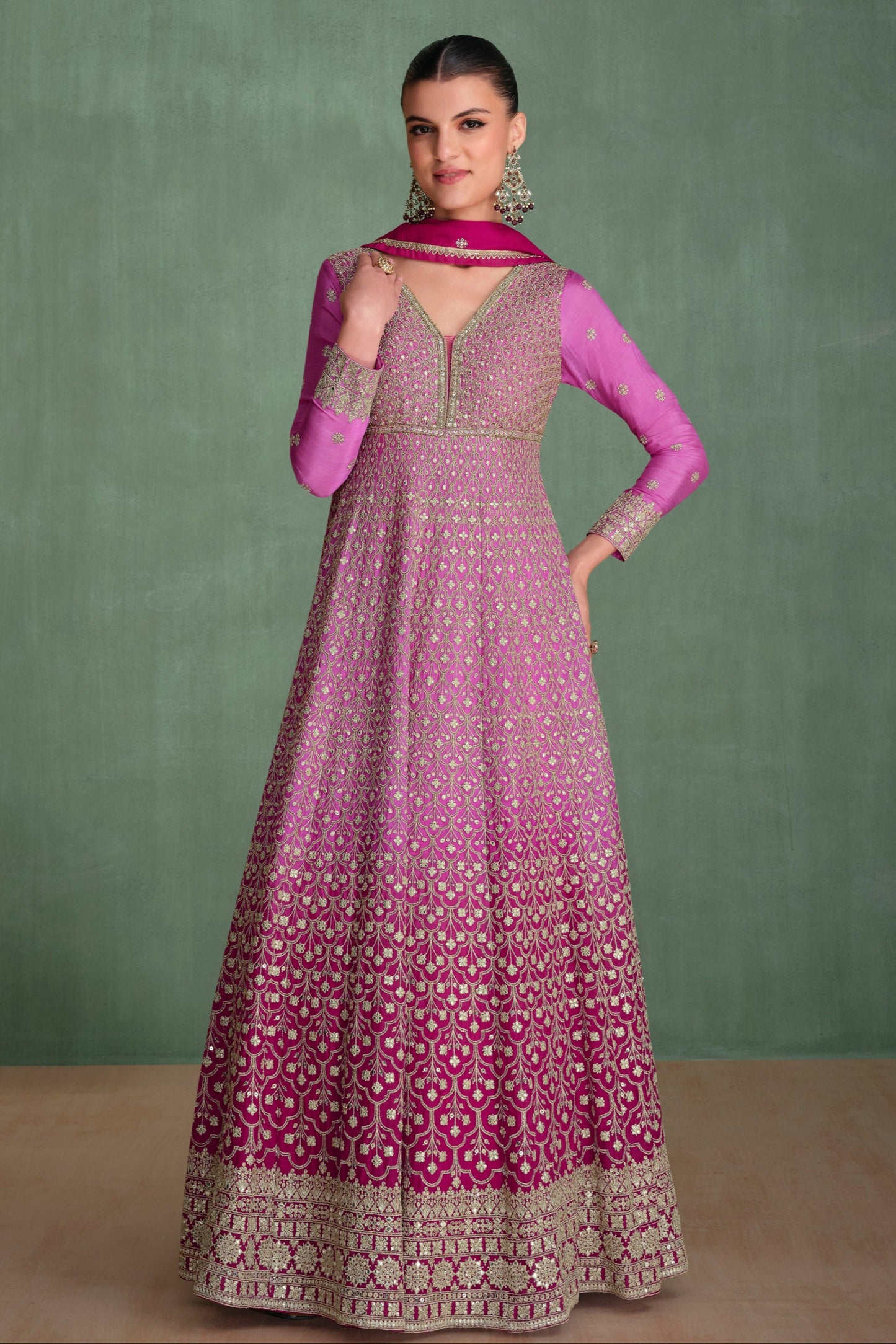 Real Georgette Pink Anarkali Gown With Embroidered Dupatta Suit for Wedding Wear