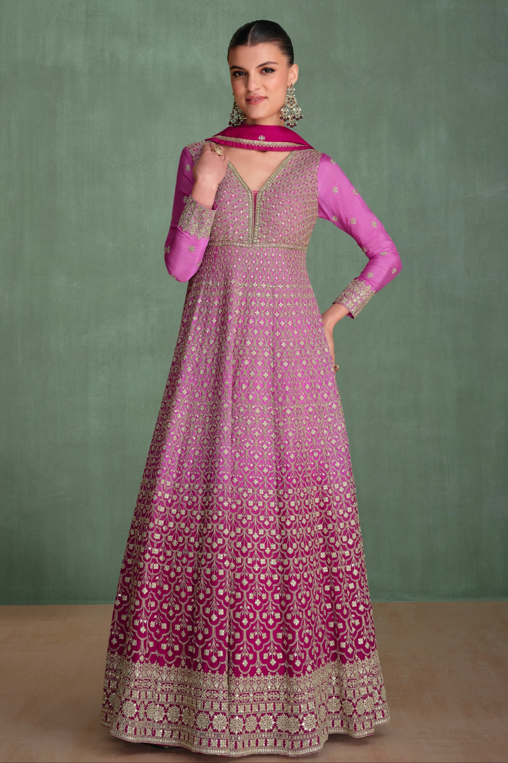 Real Georgette Pink Anarkali Gown With Embroidered Dupatta Suit for Wedding Wear