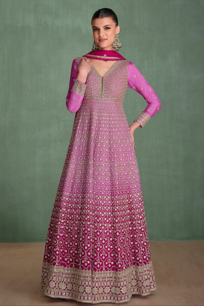 Real Georgette Pink Anarkali Gown With Embroidered Dupatta Suit for Wedding Wear