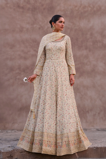 White Anarkali Salwar Suit Embroidery Worked Heavy Long Dupatta Suit