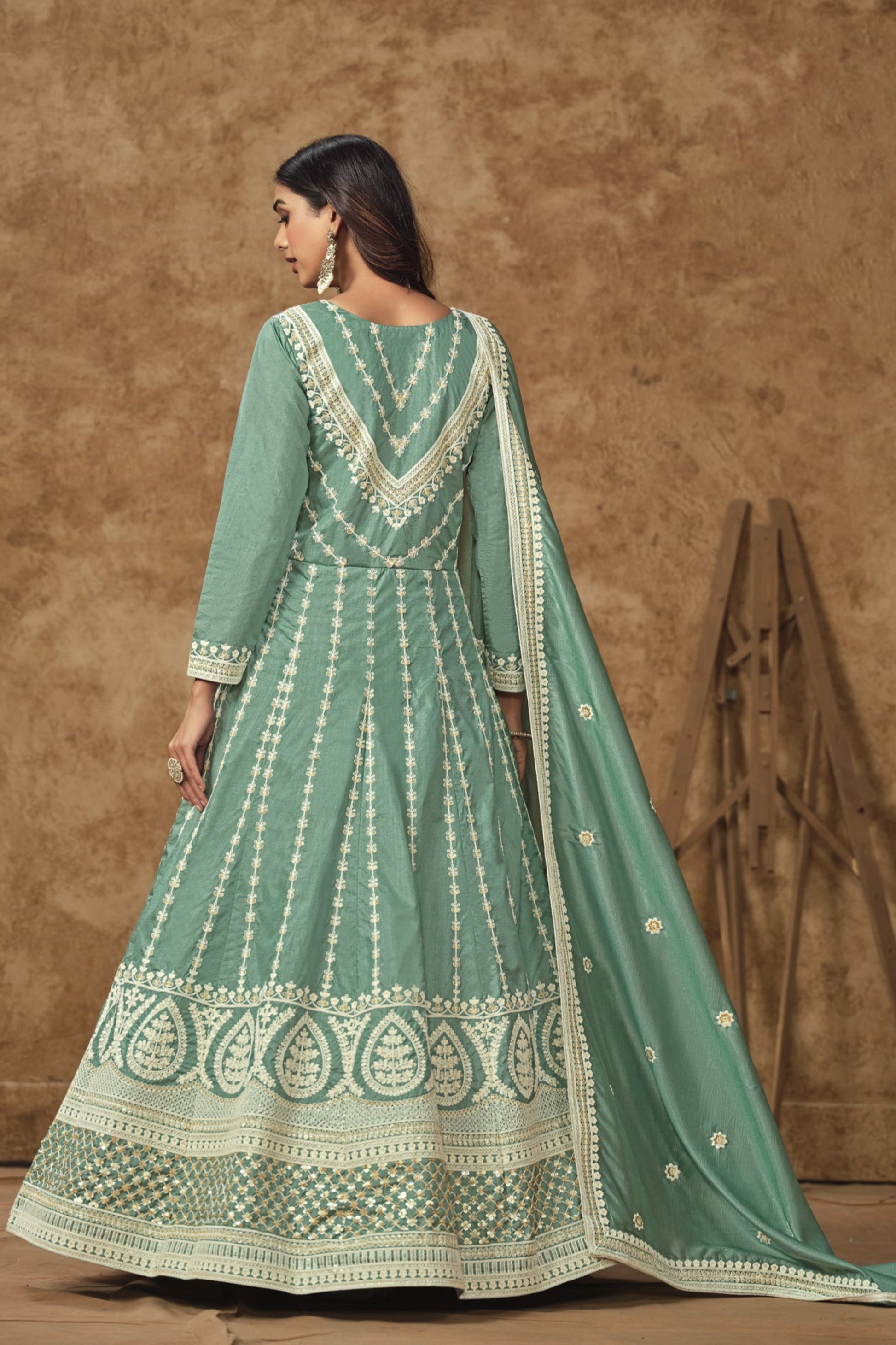 Full Length Dusty Green Anarkali Suit Ready To Wear Ethnic Dress