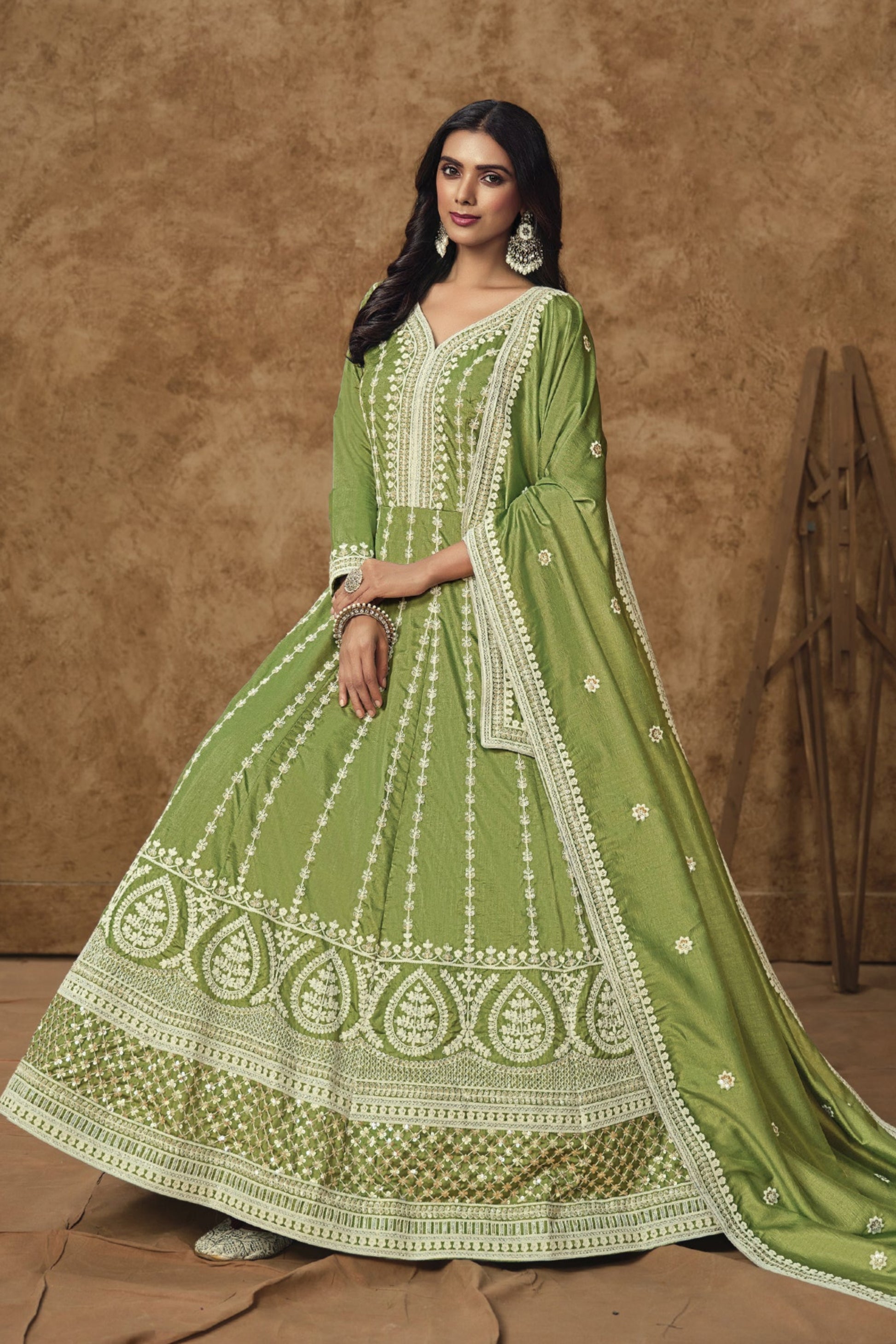 Embroidered Olive Green Ethnic Gown Back Design