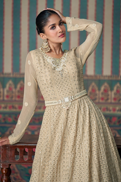 Cream Anarkali Dress With Chikankari Embroidery Work Gown 