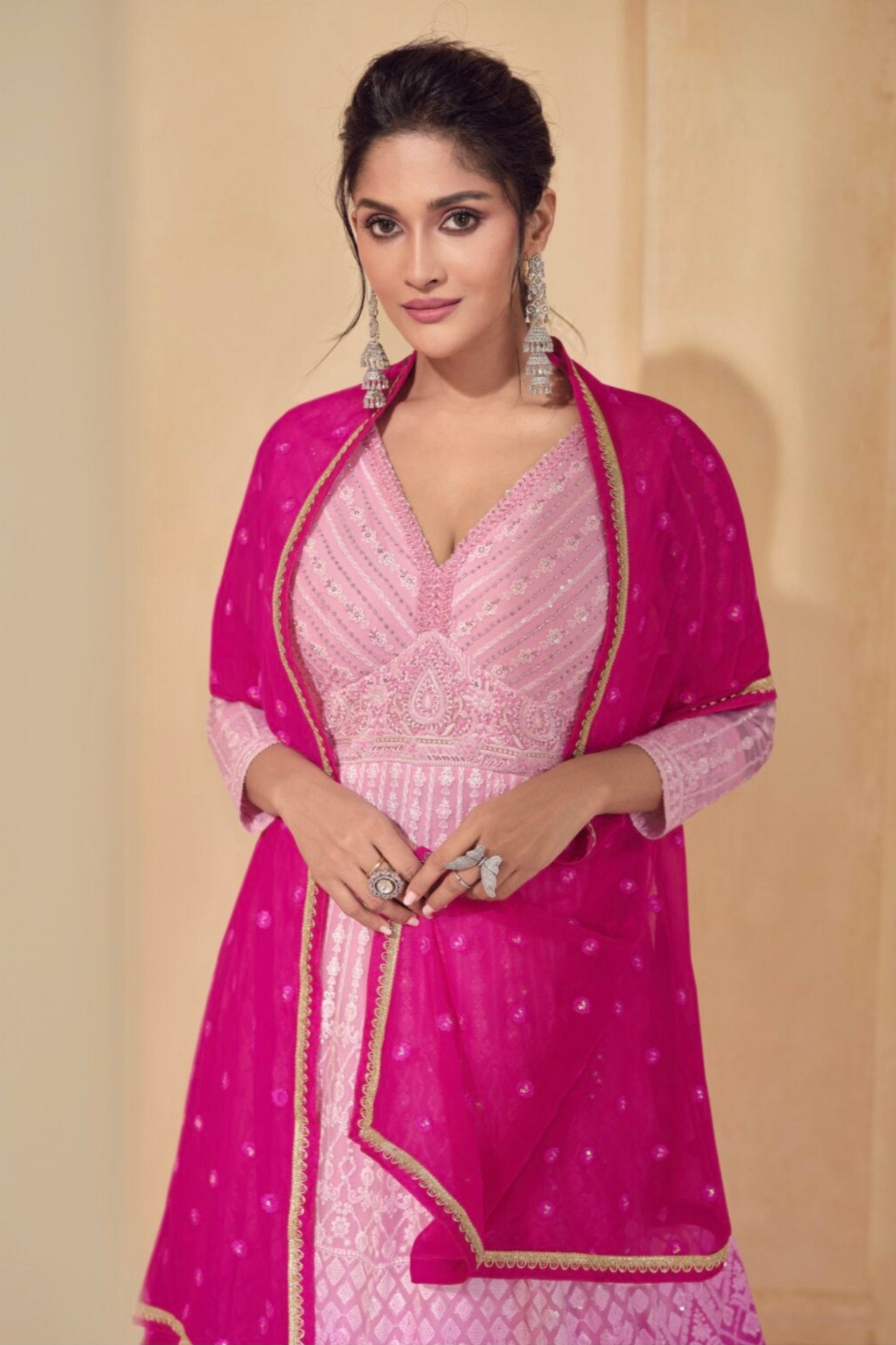Pink-Red Georgette Full-Length Party Wear Anarkali Gown Dupatta Suit