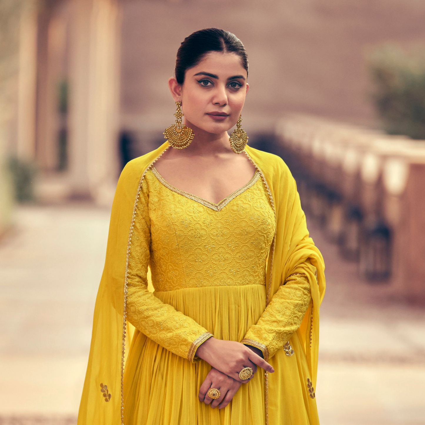 Yellow Anarkali Dress Embroidered Worked Full-Length Chinon Silk Gown