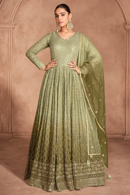 Elegant Olive Green Embroidered Gorgettle Anarkali Gown Suits  For Western Women 