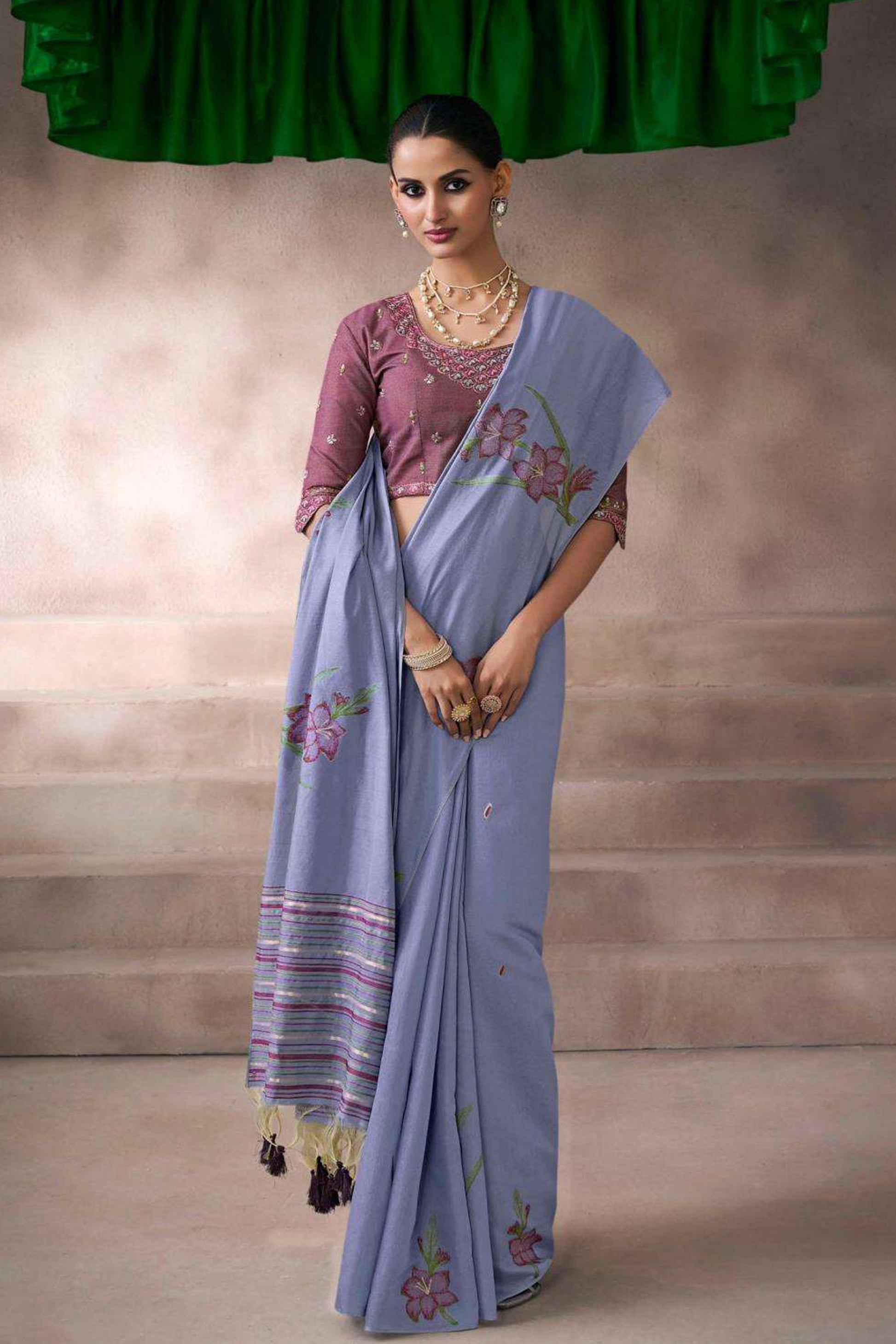 Navy Blue Embroidered Reception Saree With Stitched Blouse Front View - Seyuri Designer Ethnic Wear