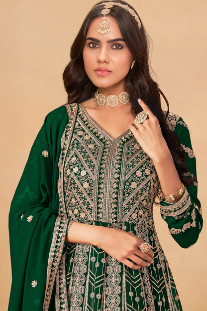Green Heavy Embroidered Worked Long Anarkali Gown Dupatta 