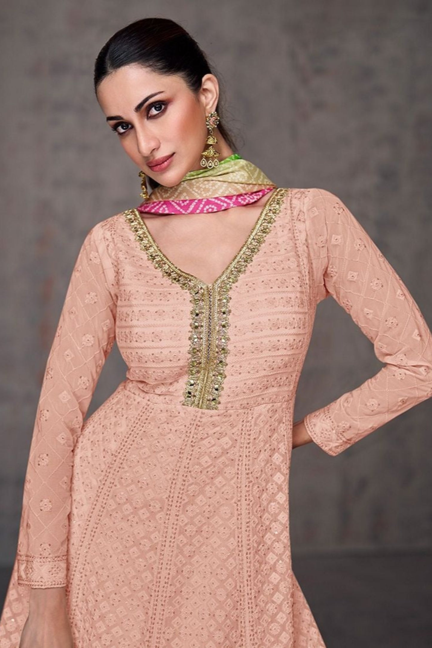 Shop Affordable Peach Anarkali Gown Suit With Dupatta At Perfect For Indian Weddings, Receptions & Festive Events. 
