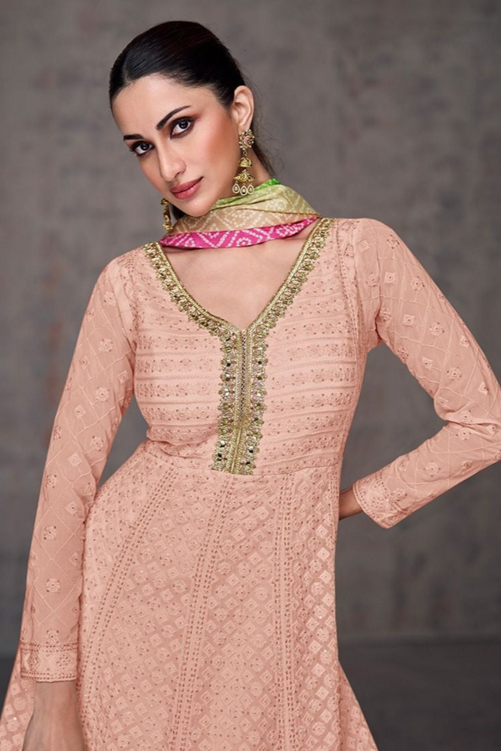 Shop Affordable Peach Anarkali Gown Suit With Dupatta At Perfect For Indian Weddings, Receptions & Festive Events. 