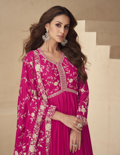 Pink Gorgeous Silk Chinon Anarkali Gown Traditional Wear For Reception