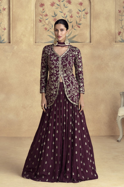 Bridal Anarkali Dress Beautiful Embroidery Worked Wine Long Gown Dupatta Suit