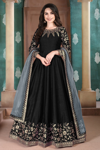 Black Designer Stitched Embroidery Worked Anarkali Gown With Dupatta Suits 