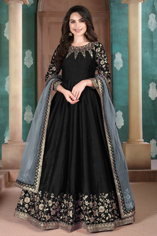 Black Designer Stitched Embroidery Worked Anarkali Gown With Dupatta Suits 