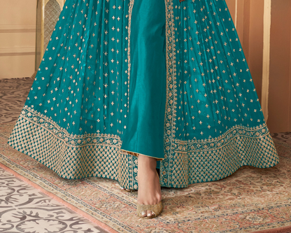 Indian Diwali Wear Real Georgette Blue Anarkali Gown Dress With Embroidered Stones