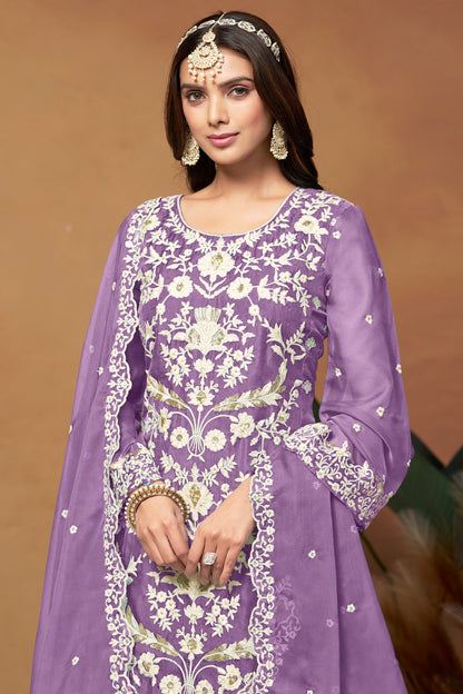 Wedding Lavender Organza Salwar Kameez Suit With Embroidery For Special Occasions