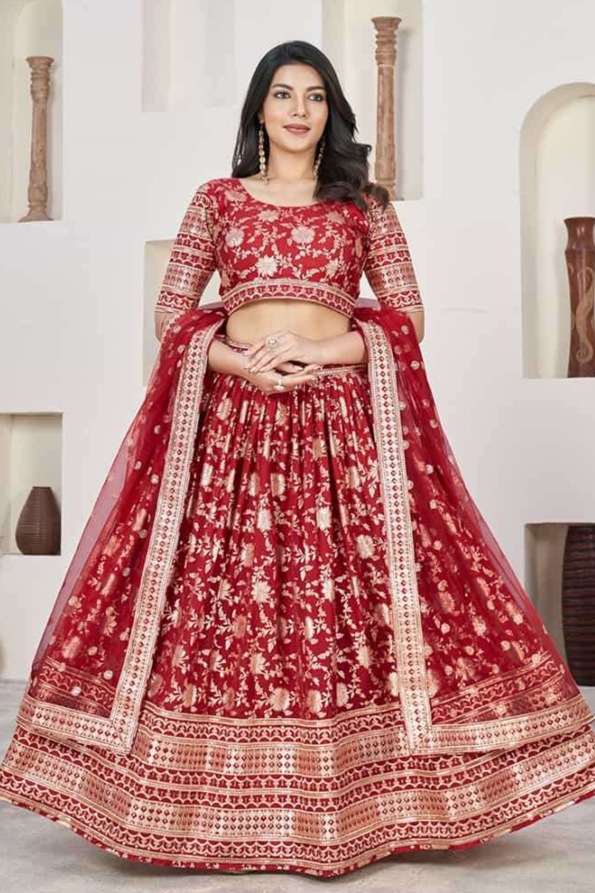 Red Bridal Lehenga Choli With Golden Embroidery And Sequins Work - Designer Indian Wedding Dress USA