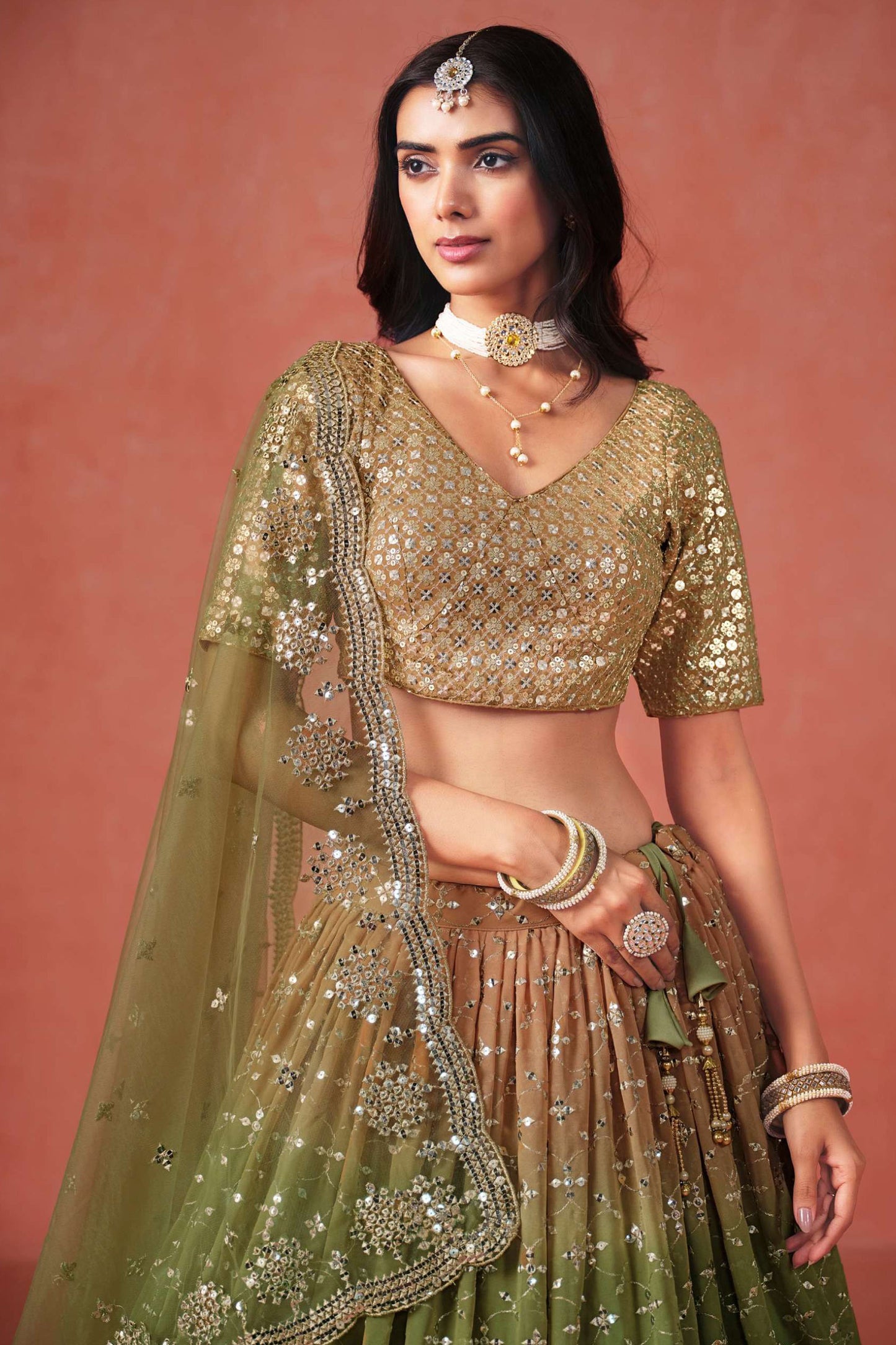 Beautiful Olive Green Georgette Bridal Lehenga Choli Set With Designer Ethnic Embroidery For Weddings