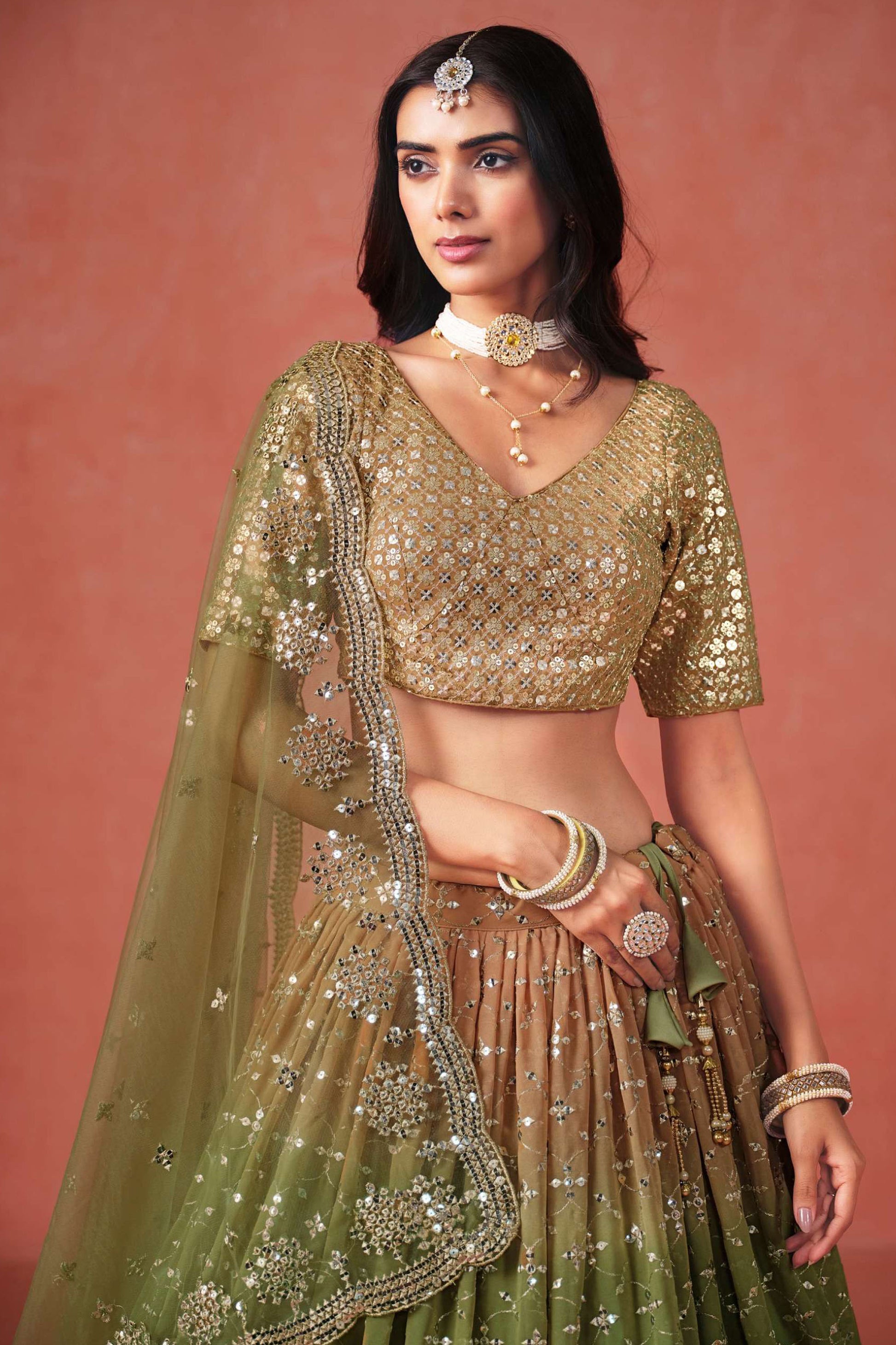 Beautiful Olive Green Georgette Bridal Lehenga Choli Set With Designer Ethnic Embroidery For Weddings