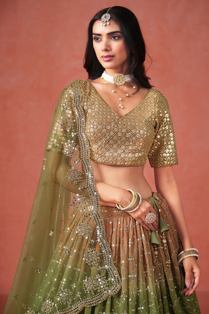 Beautiful Olive Green Georgette Bridal Lehenga Choli Set With Designer Ethnic Embroidery For Weddings