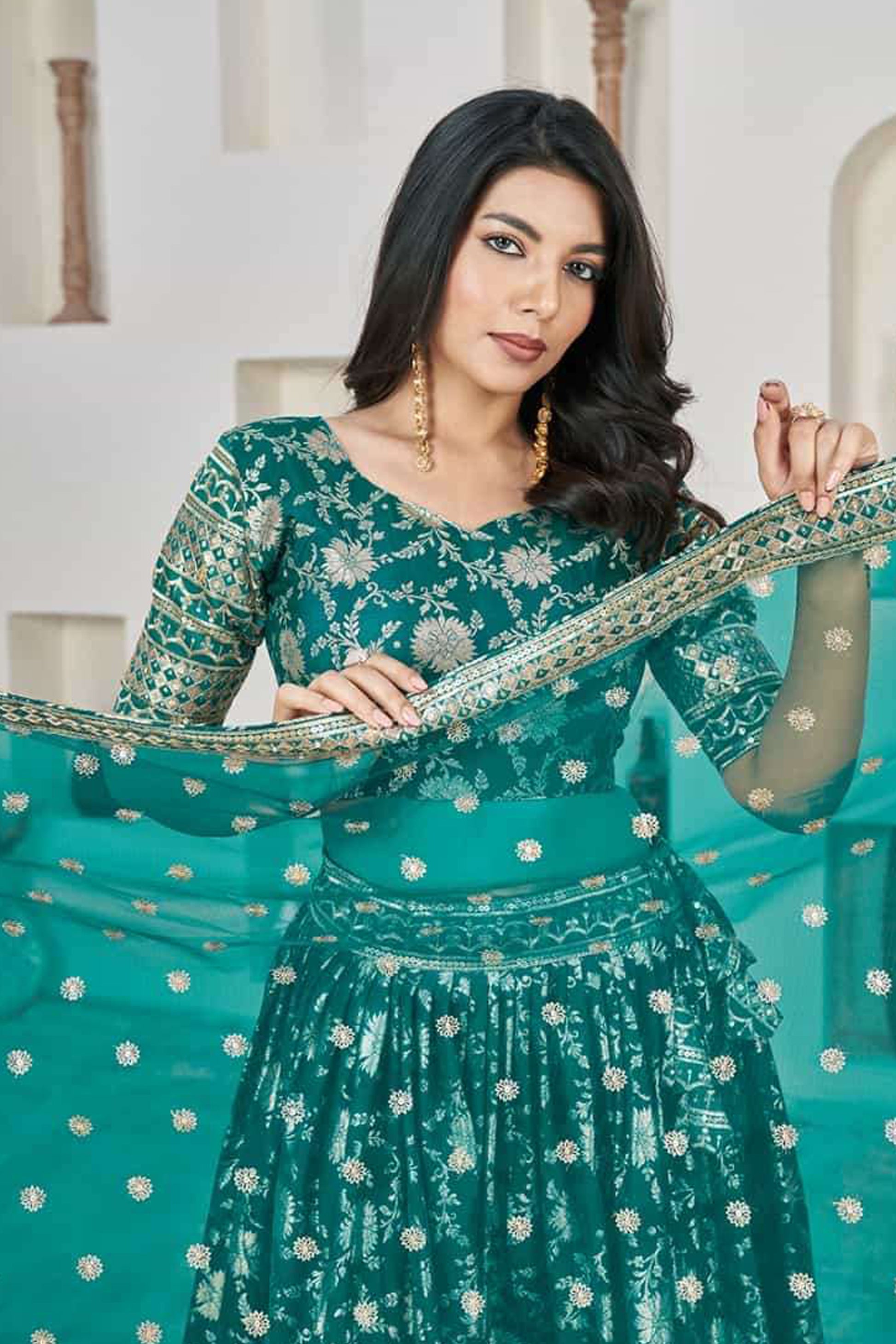 Flared Emerald Green Lehenga With Matching Choli And Dupatta - Reception Wedding Dress Online