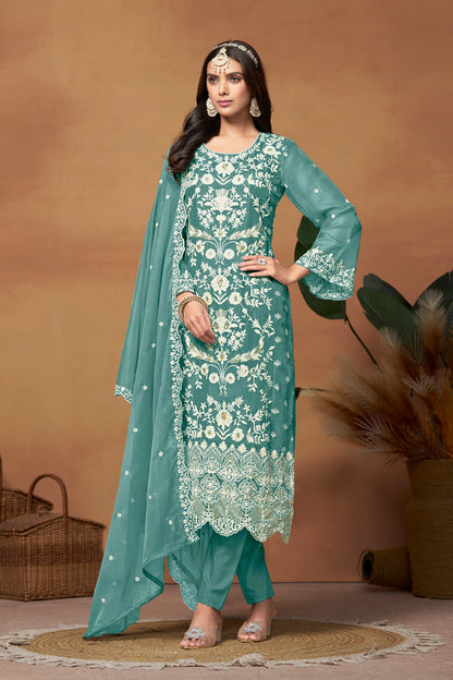 Designer Organza Salwar Kameez Suit With Traditional Embroidery For Festivals And Weddings