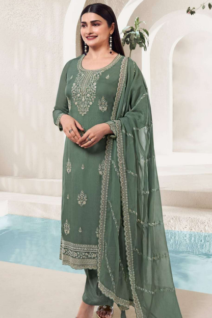 Green Designer Organza & Embroidery Salwar Kameez Pant Suit