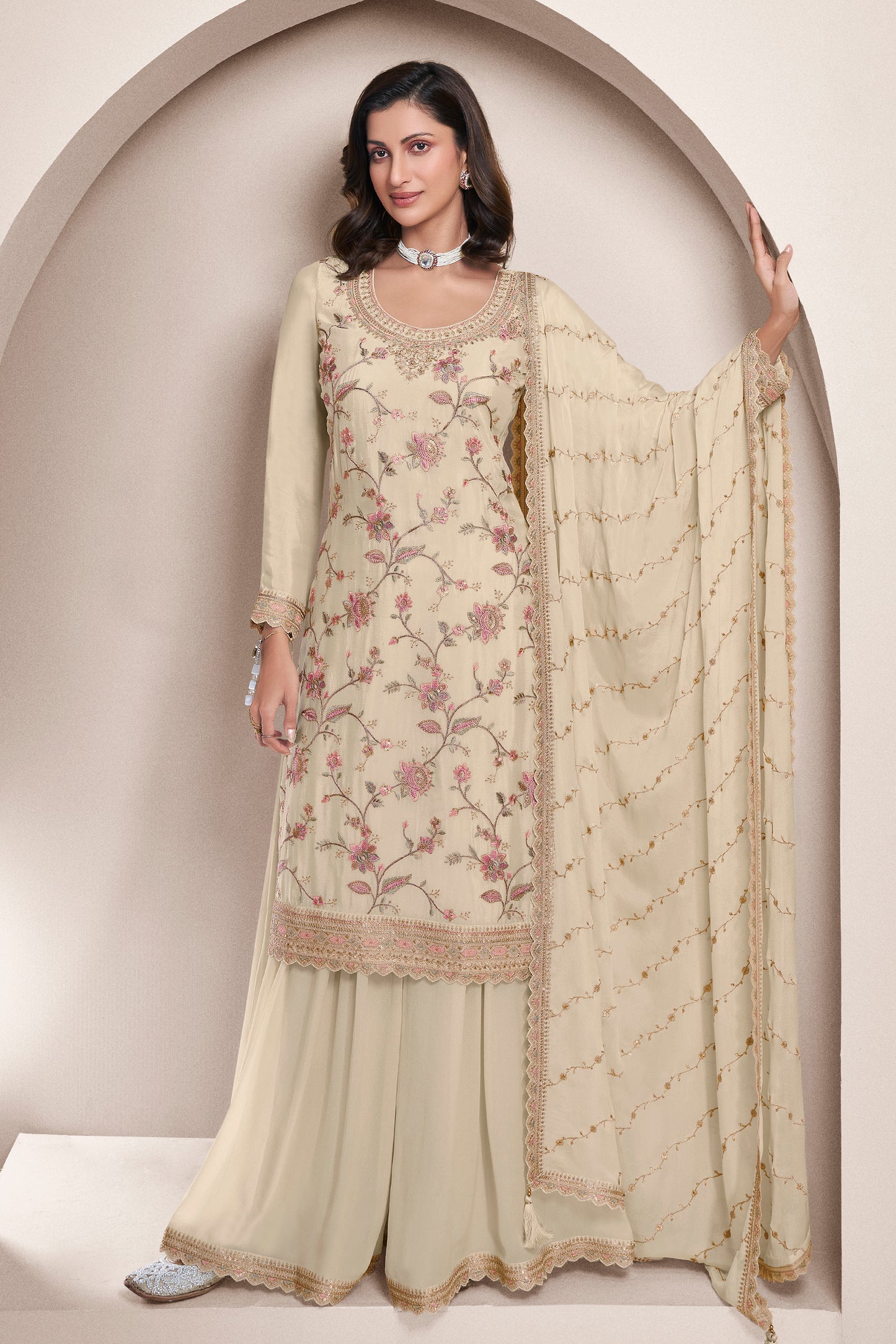 Off-White Embroidered Palazzo Suit With Dupatta For Weddings And Festivals
