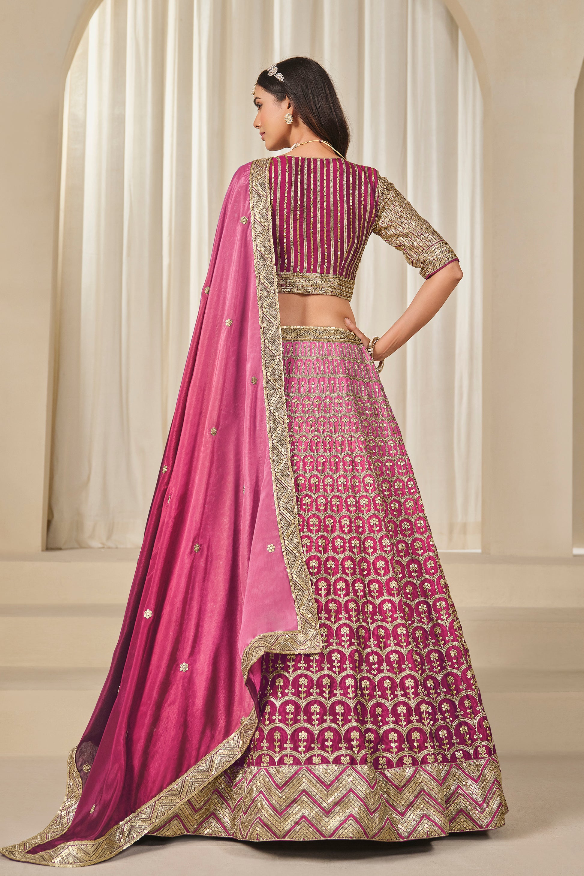 Elegant Pakistani Style Embroidered Work Chinon Silk Lehenga Choli
