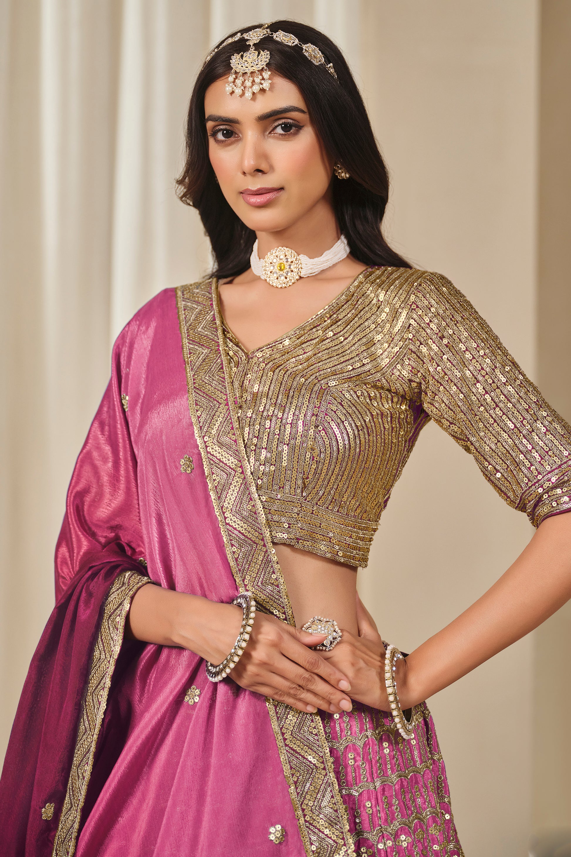 Elegant Pakistani Style Embroidered Work Chinon Silk Lehenga Choli
