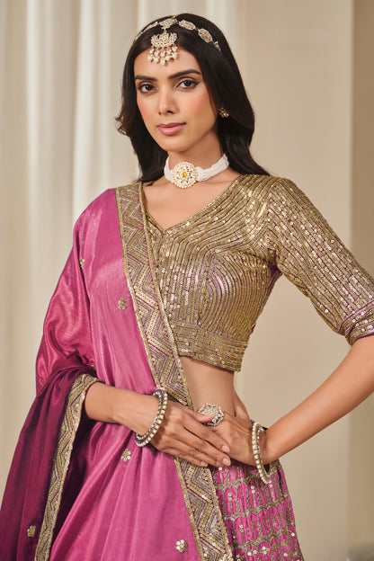 Elegant Pakistani Style Embroidered Work Chinon Silk Lehenga Choli
