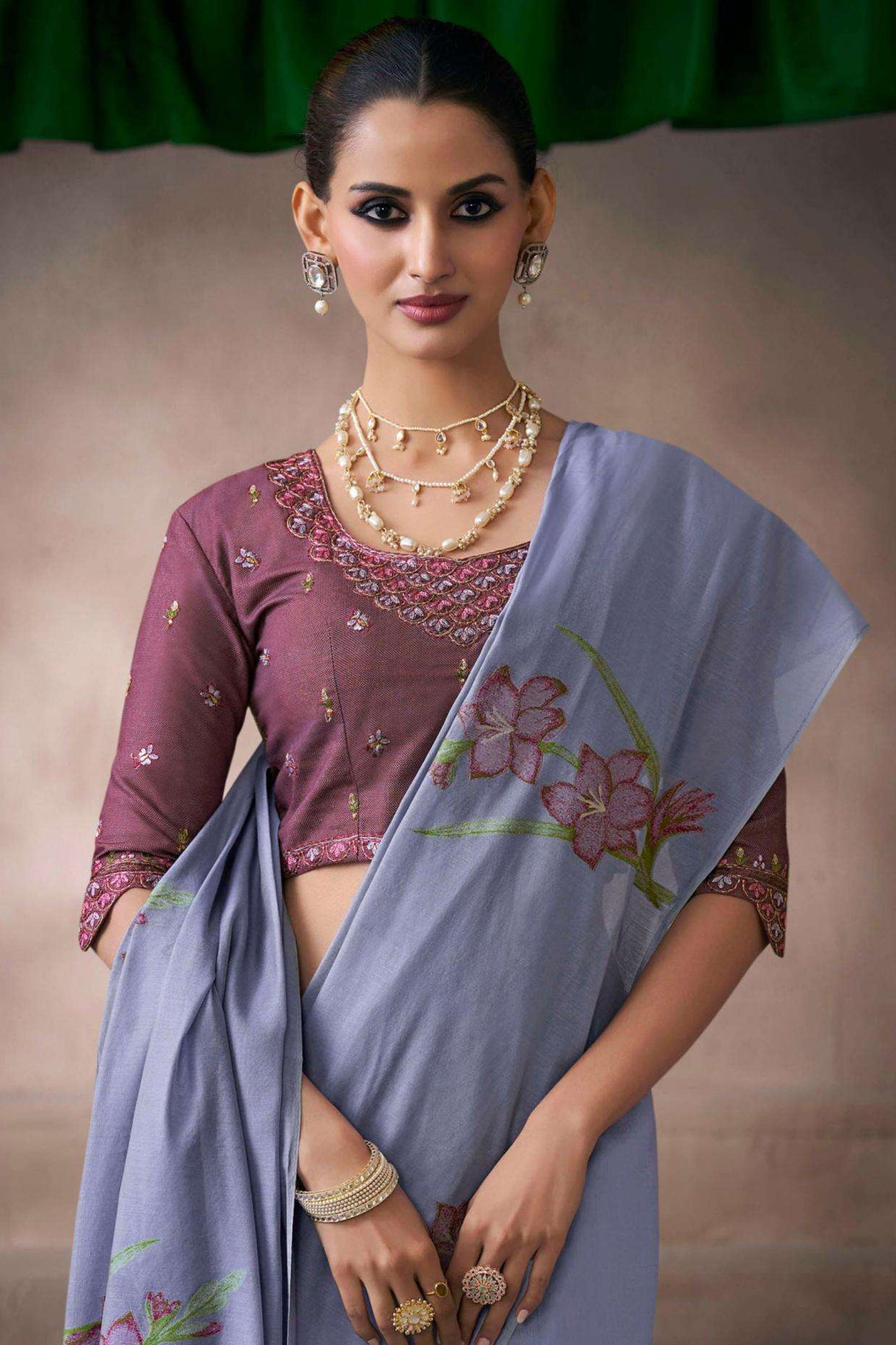 Designer Reception Saree Blouse Detail Showing Embroidery Work 