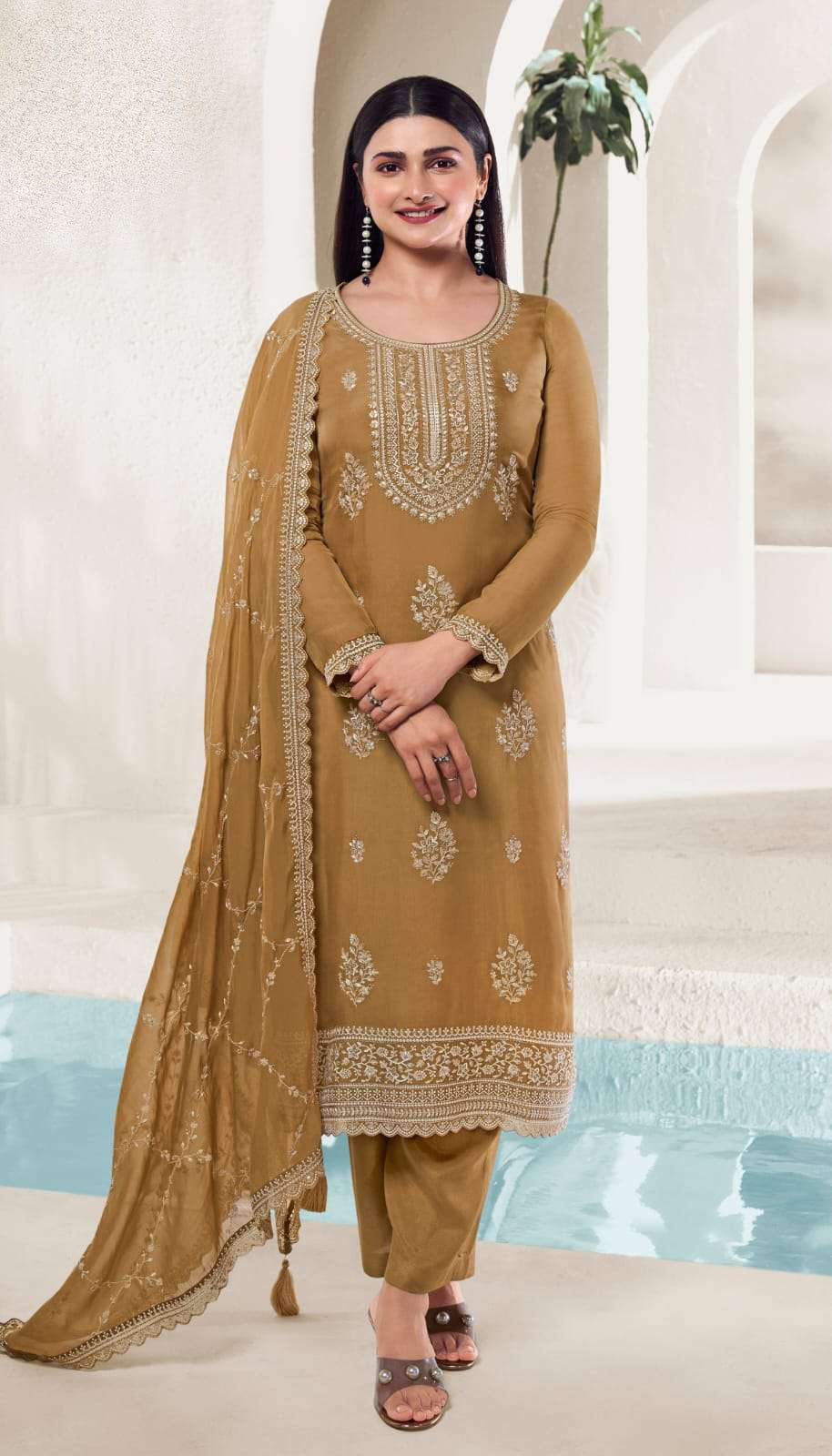 Brown Multi-Thread Embroidery Salwar Kameez in Organza Fabric - Indian Ethnic Wear USA