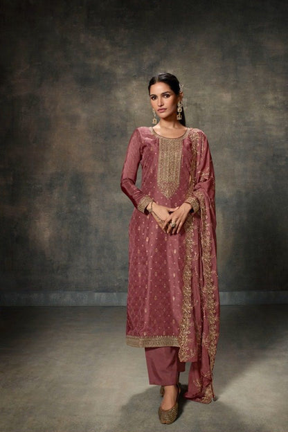 Elegant Viscose Dola Silk Salwar Suit in Rose Gold - Indian Fusion Outfit