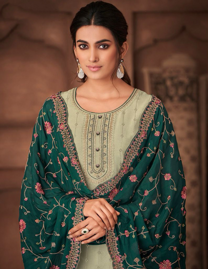 Pistachio Green Embroidered Designer Salwar Kameez in Chinion Silk Fabric