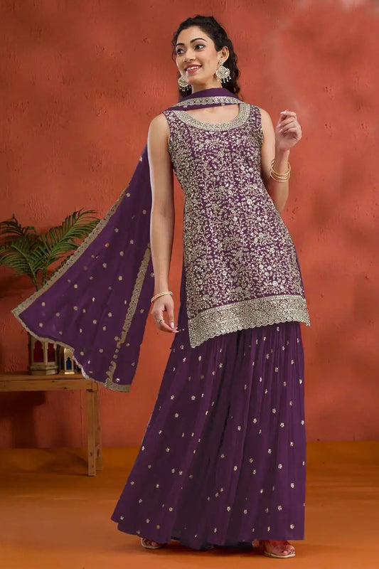 Royal Purple Embroidered Palazzo Suit For Eid - Designer Shalwar Kameez With eavy Embroidery Work