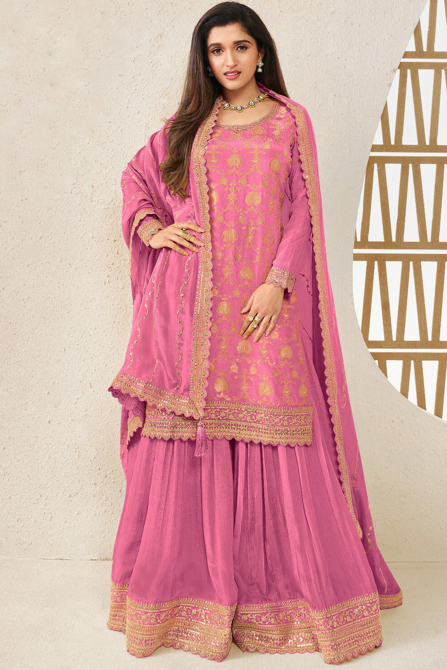 Pink Embroidered Pakistani Palazzo Suit With Heavy Chiffon Dupatta - Front View