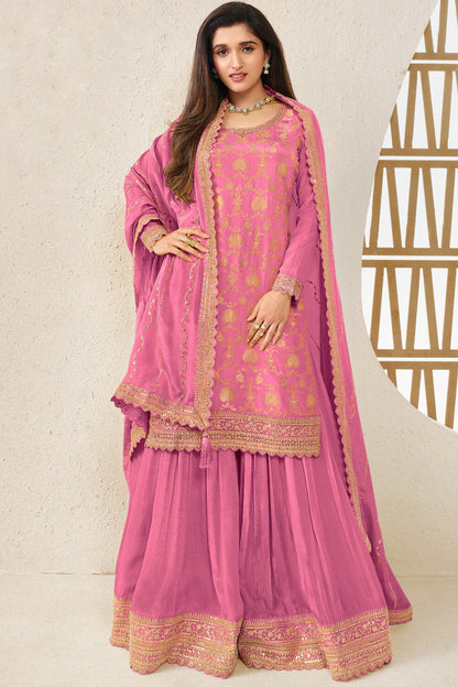 Pink Embroidered Pakistani Palazzo Suit With Heavy Chiffon Dupatta - Front View
