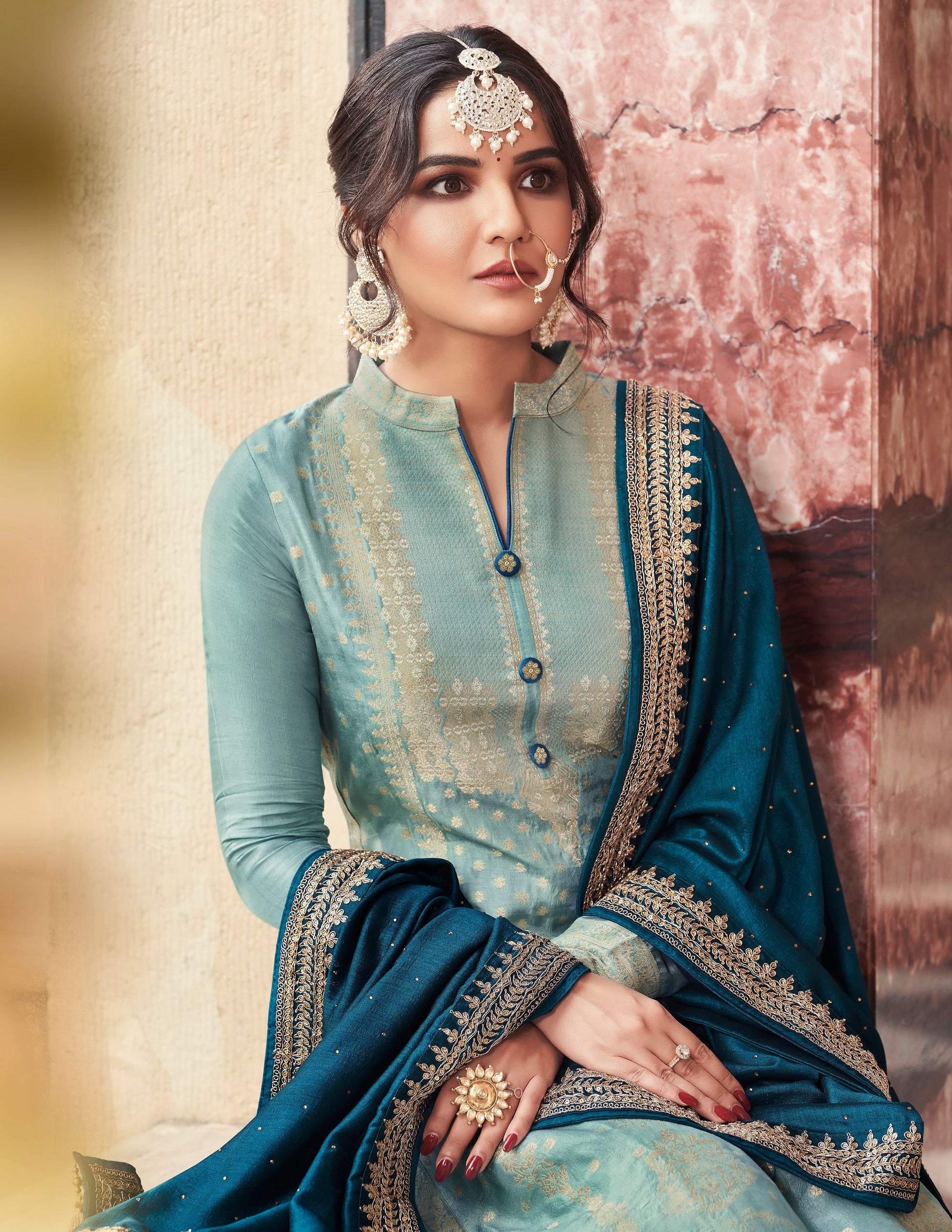 Sky Blue Salwar Suit with Heavy Embroidery Work - Full Length View - Available in Plus Sizes