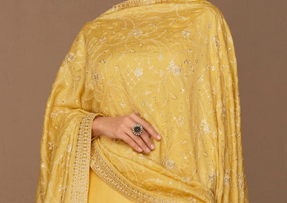  Light Yellow Premium Silk Fabric Embroidered Straight Cut Salwar Kameez for Women's Festive Party Wear