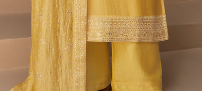 Premium Silk Light Yellow  Embroidered Straight Salwar Kameez Featuring Golden Threadwork For Formal Parties