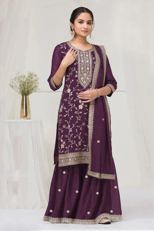 Wine Embroidered Palazzo Salwar Kameez Suit With Dupatta For Indian Weddings