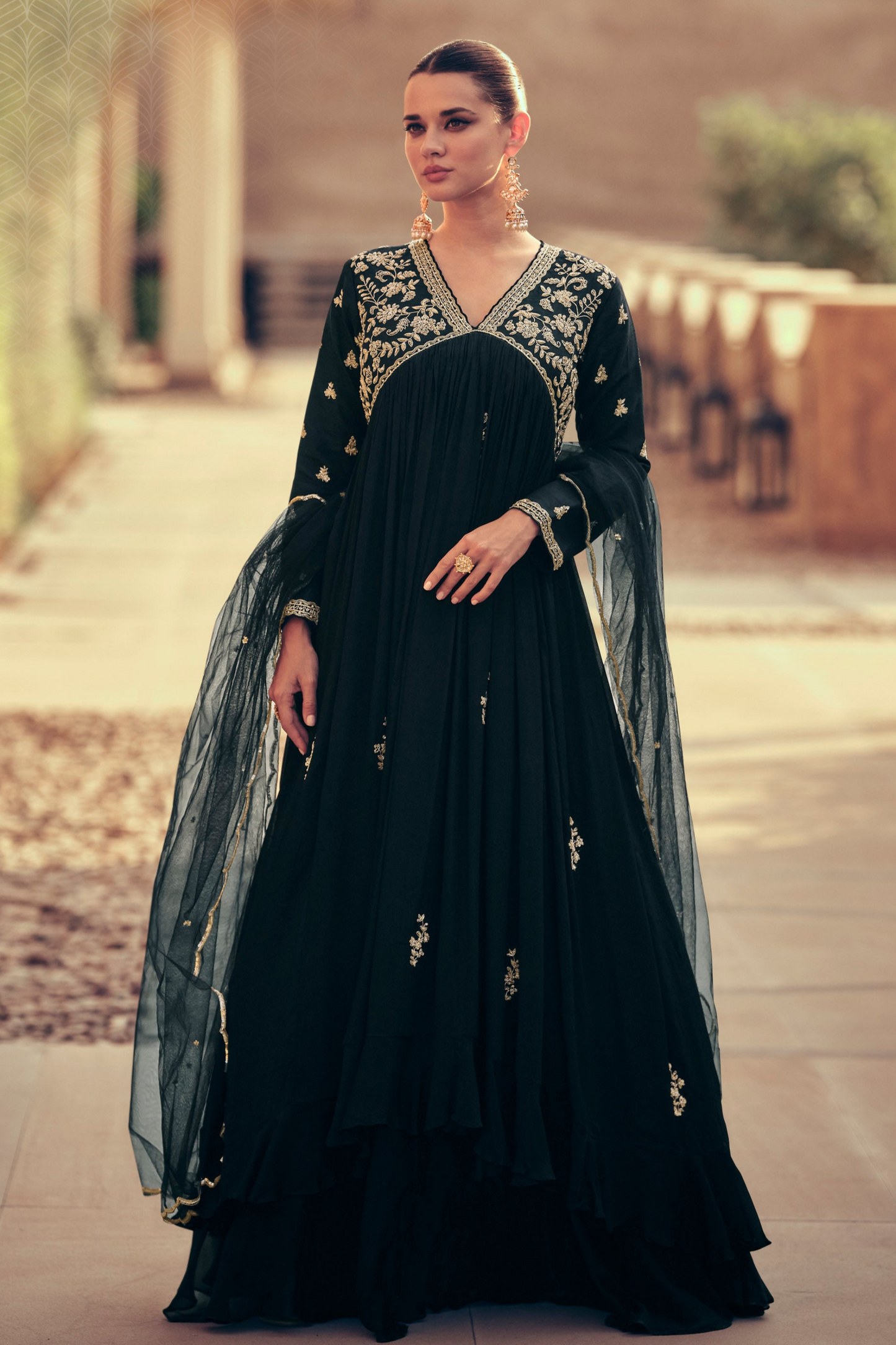 Designer Anarkali Gown Wedding Long Chinon Silk With Dupatta Dreeses