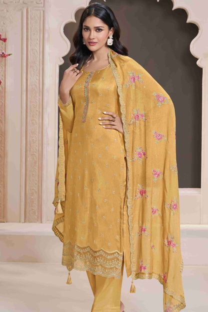 Yellow salwar kameez is bright and happy. Good for haldi or sunny events.
