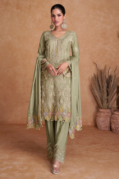 Pakistani Salwar Kameez Pistachio Green - Side Angle Embroidery Detail  