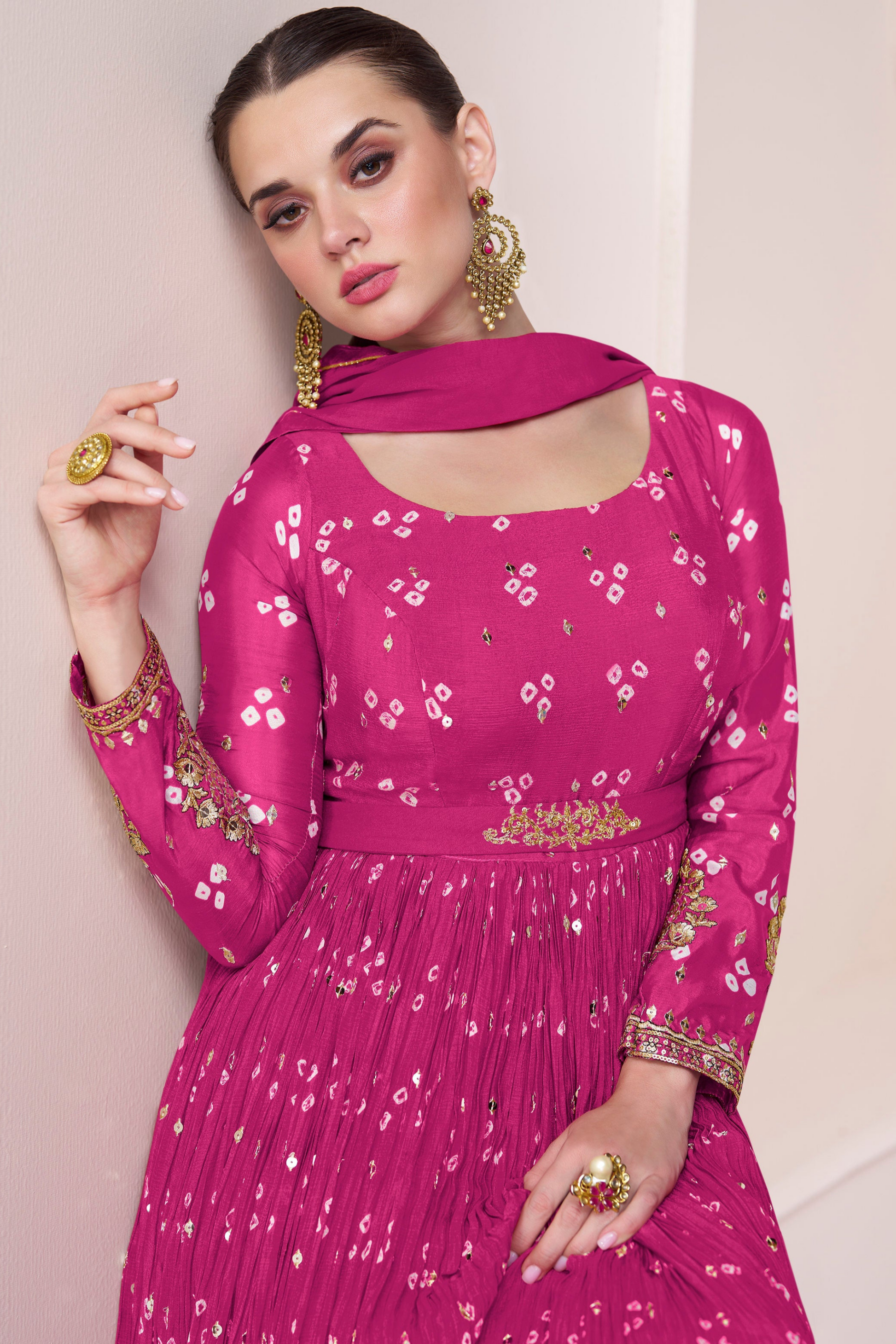 Designer Anarkali Dupatta Gown In Pink Georgette Silk With Intricate Embroidery Details