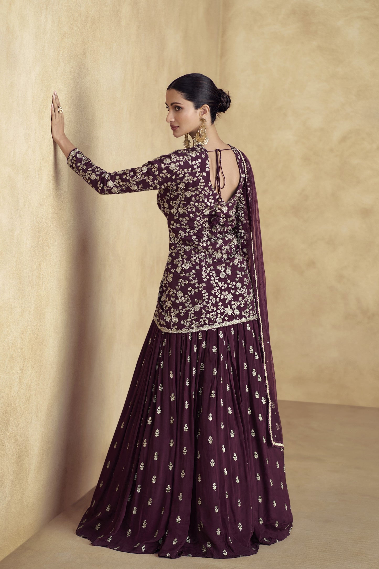 Bridal Anarkali Dress Beautiful Embroidery Worked Wine Long Gown Dupatta Suit