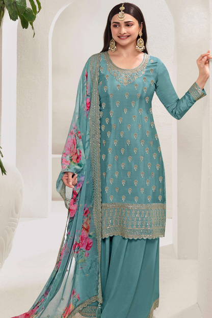 Sky Blue Color Salwar Kameez Plazzo Suits Plus Size Indian Clothes For Women